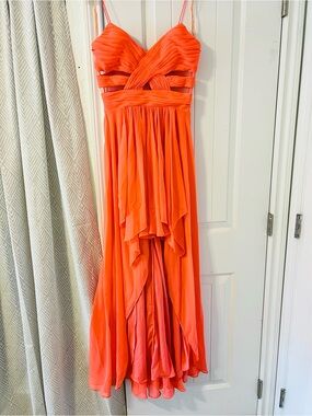 Prom Neon Orange Chiffon Maxi Dress with Draped Bodice High Low Hemline 7/8